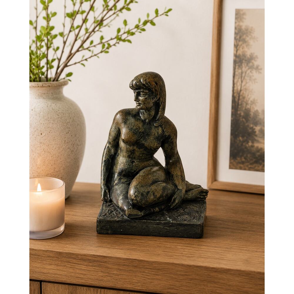 Seated Female Figure Sculpture Bronze Tone Composite Art Nude Shelf Decor